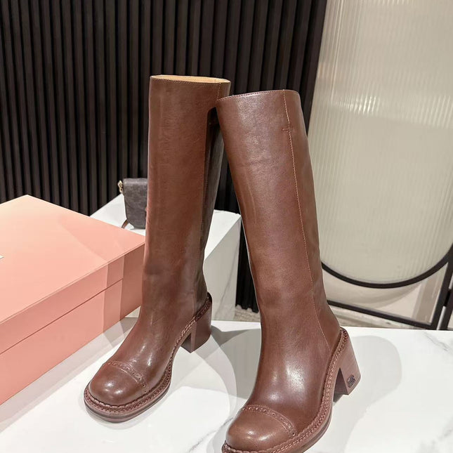 MIUMIU 26S HIGH-ANKLE BOOTS 50MM IN BROWN GLOSSY CALFSKIN