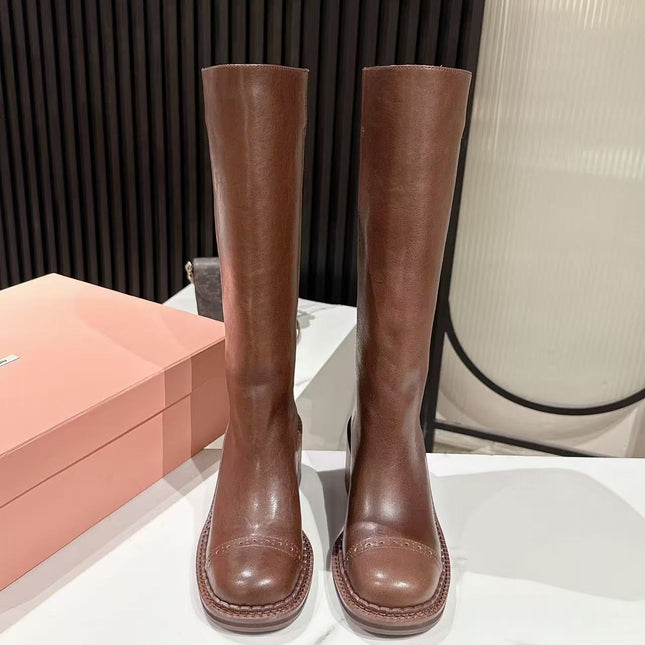 MIUMIU 26S HIGH-ANKLE BOOTS 50MM IN BROWN GLOSSY CALFSKIN