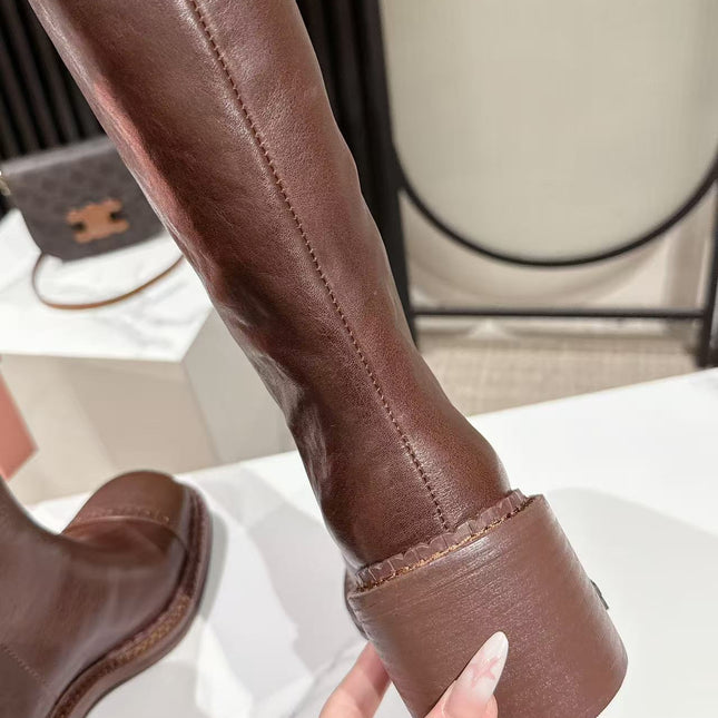 MIUMIU 26S HIGH-ANKLE BOOTS 50MM IN BROWN GLOSSY CALFSKIN