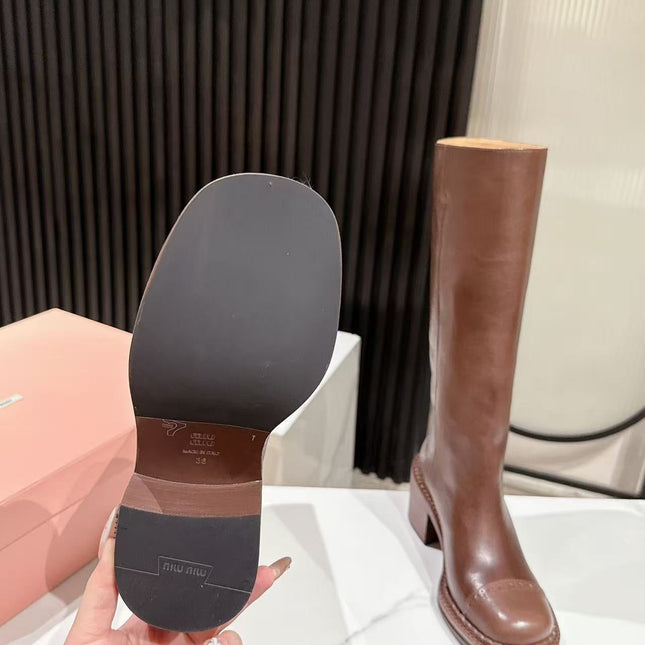 MIUMIU 26S HIGH-ANKLE BOOTS 50MM IN BROWN GLOSSY CALFSKIN