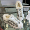ALK'N PLATFORM SNEAKER PALE GRAY COTTON EMBROIDERED WITH OBLIQUE MOTIF AND WHITE SHEARLING