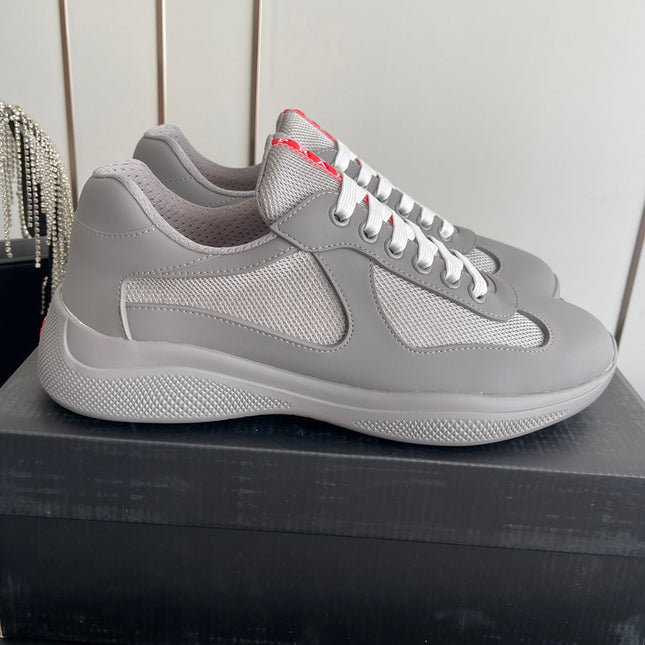 PRADA 26S AMERICA CUP SNEAKERS IN COOL GRAY SOFT RUBBER AND BIKE FABRIC