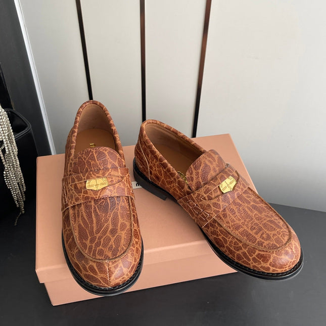 MIUMIU 26S PENNY LOAFERS IN BROWN COGNAC CALFSKIN CROCODILE EMBOSSING
