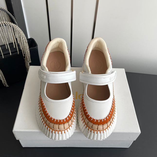 CHLOE 26S MARY JANE SNEAKERS IN WHITE CALFSKIN MIX ORANGE SUEDE