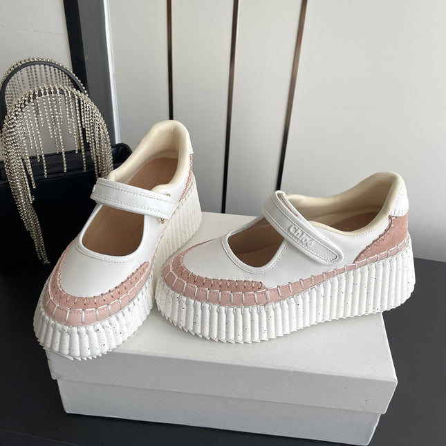 CHLOE 26S MARY JANE SNEAKERS IN WHITE CALFSKIN MIX LIGHT PINK SUEDE