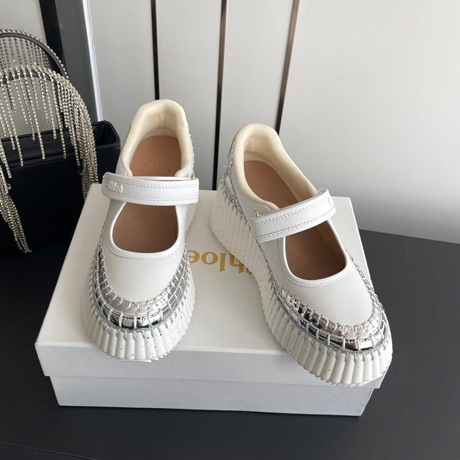 CHLOE 26S MARY JANE SNEAKERS IN WHITE AND SILVER CALFSKIN