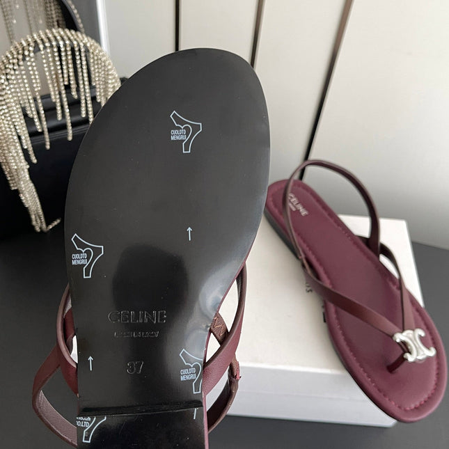 CELINE 26S THONG SANDALS IN DARK RED CALFSKIN
