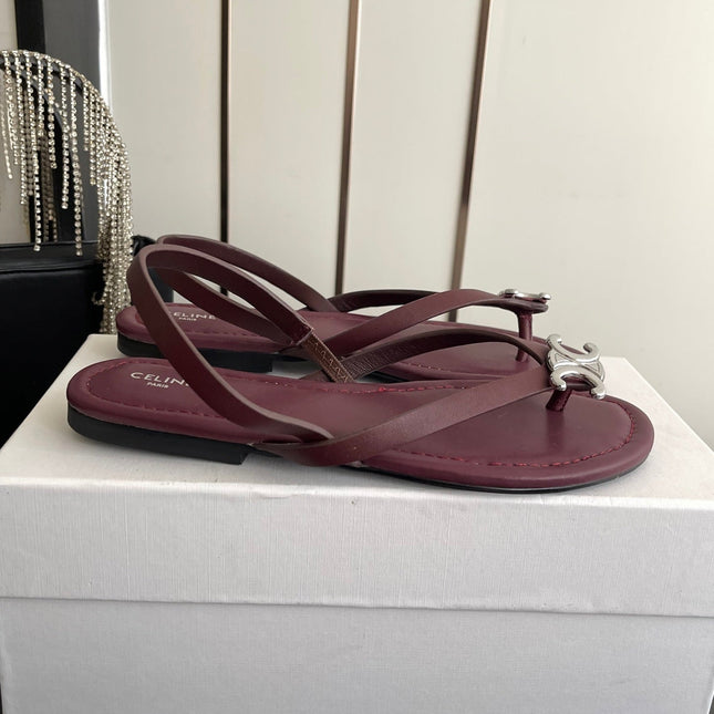 CELINE 26S THONG SANDALS IN DARK RED CALFSKIN