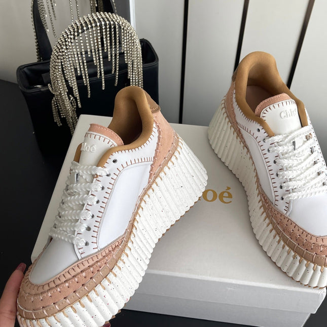 CHLOE 26S LACE-UP SNEAKERS IN WHITE MIX BEIGE CALFSKIN
