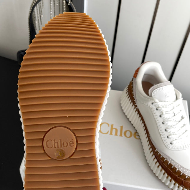 CHLOE 26S LACE-UP SNEAKERS IN WHITE MIX BROWN CALFSKIN