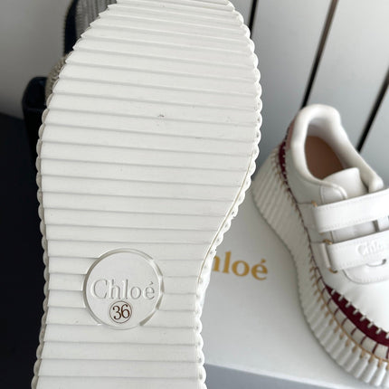 CHLOE 26S PLATFORM SNEAKERS IN WHITE AND DARK RED CALFSKIN