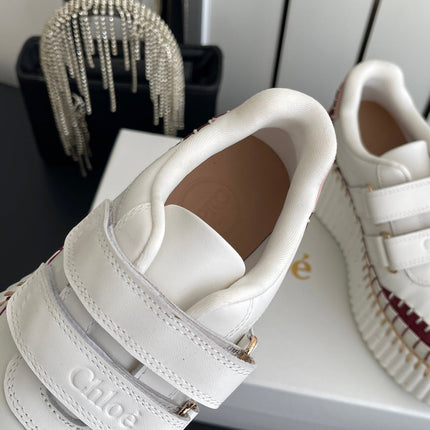 CHLOE 26S PLATFORM SNEAKERS IN WHITE AND DARK RED CALFSKIN