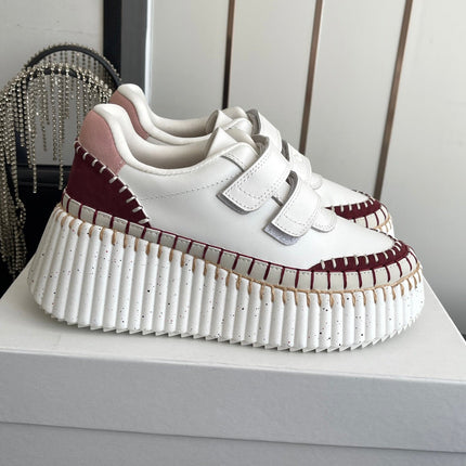 CHLOE 26S PLATFORM SNEAKERS IN WHITE AND DARK RED CALFSKIN