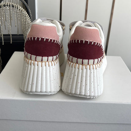 CHLOE 26S PLATFORM SNEAKERS IN WHITE AND DARK RED CALFSKIN