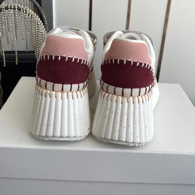 CHLOE 26S PLATFORM SNEAKERS IN WHITE AND DARK RED CALFSKIN
