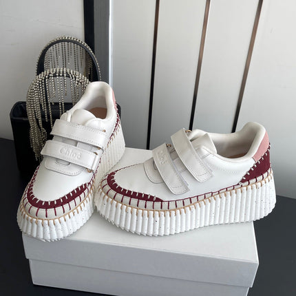 CHLOE 26S PLATFORM SNEAKERS IN WHITE AND DARK RED CALFSKIN
