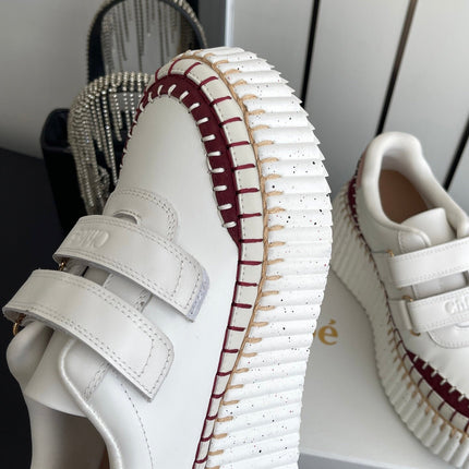 CHLOE 26S PLATFORM SNEAKERS IN WHITE AND DARK RED CALFSKIN