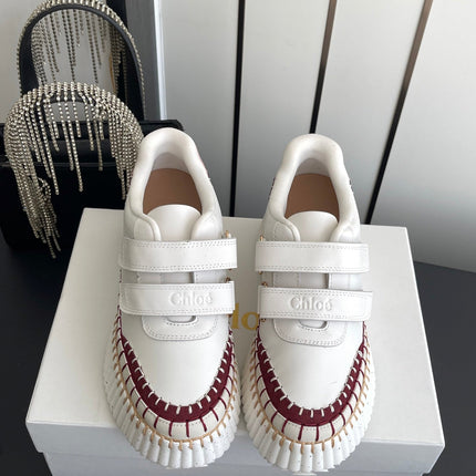 CHLOE 26S PLATFORM SNEAKERS IN WHITE AND DARK RED CALFSKIN