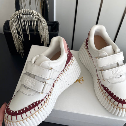 CHLOE 26S PLATFORM SNEAKERS IN WHITE AND DARK RED CALFSKIN
