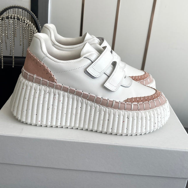 CHLOE 26S PLATFORM SNEAKERS IN WHITE AND LIGHT PINK CALFSKIN