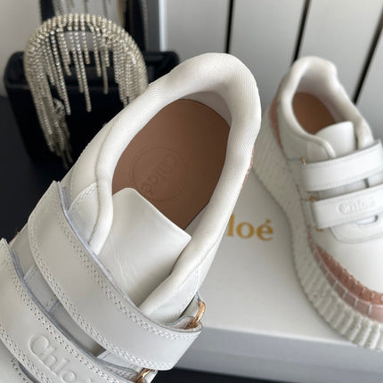 CHLOE 26S PLATFORM SNEAKERS IN WHITE AND LIGHT PINK CALFSKIN