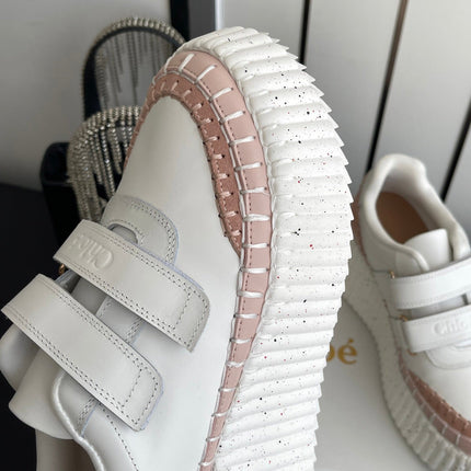 CHLOE 26S PLATFORM SNEAKERS IN WHITE AND LIGHT PINK CALFSKIN