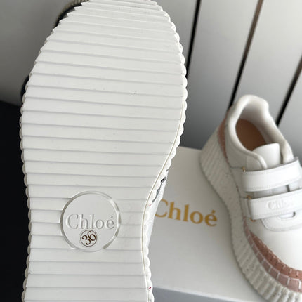 CHLOE 26S PLATFORM SNEAKERS IN WHITE AND LIGHT PINK CALFSKIN