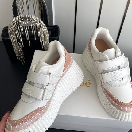 CHLOE 26S PLATFORM SNEAKERS IN WHITE AND LIGHT PINK CALFSKIN