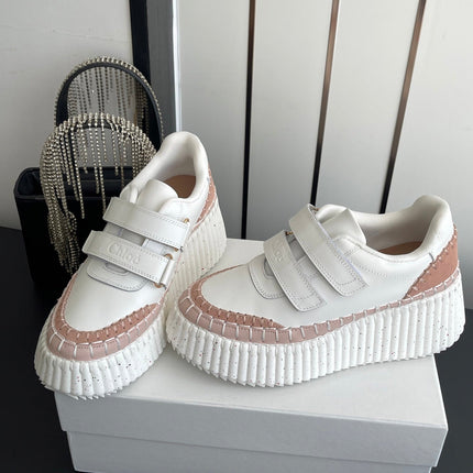 CHLOE 26S PLATFORM SNEAKERS IN WHITE AND LIGHT PINK CALFSKIN