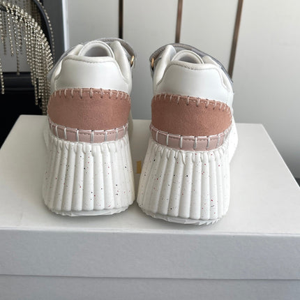 CHLOE 26S PLATFORM SNEAKERS IN WHITE AND LIGHT PINK CALFSKIN