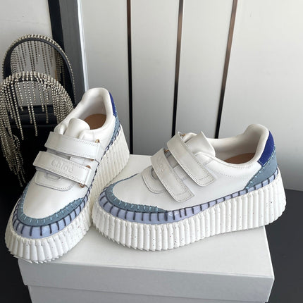 CHLOE 26S PLATFORM SNEAKERS IN WHITE AND LIGHT BLUE CALFSKIN