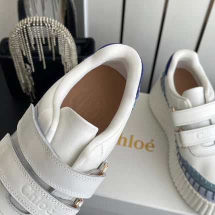 CHLOE 26S PLATFORM SNEAKERS IN WHITE AND LIGHT BLUE CALFSKIN