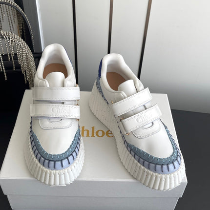 CHLOE 26S PLATFORM SNEAKERS IN WHITE AND LIGHT BLUE CALFSKIN