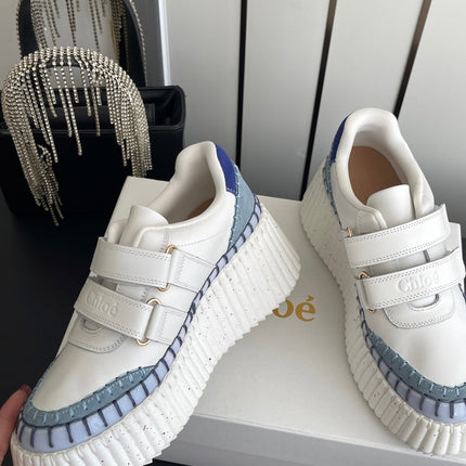 CHLOE 26S PLATFORM SNEAKERS IN WHITE AND LIGHT BLUE CALFSKIN