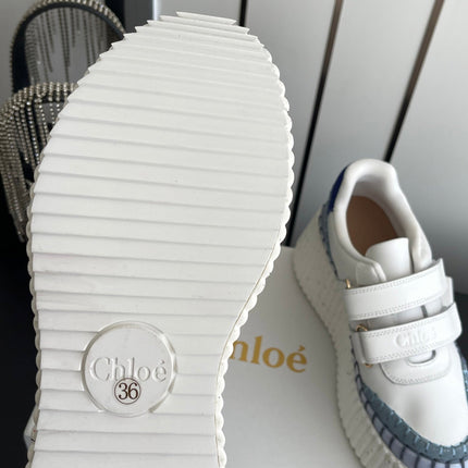 CHLOE 26S PLATFORM SNEAKERS IN WHITE AND LIGHT BLUE CALFSKIN