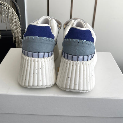 CHLOE 26S PLATFORM SNEAKERS IN WHITE AND LIGHT BLUE CALFSKIN
