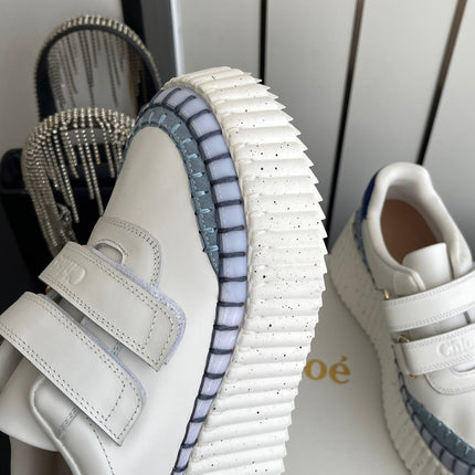 CHLOE 26S PLATFORM SNEAKERS IN WHITE AND LIGHT BLUE CALFSKIN