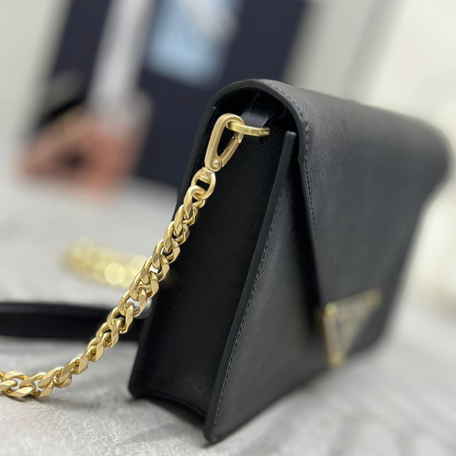 PRADA 25S SAFFIANO SHOULDER BAG 21 IN BLACK CALFSKIN GOLD HARDWARE