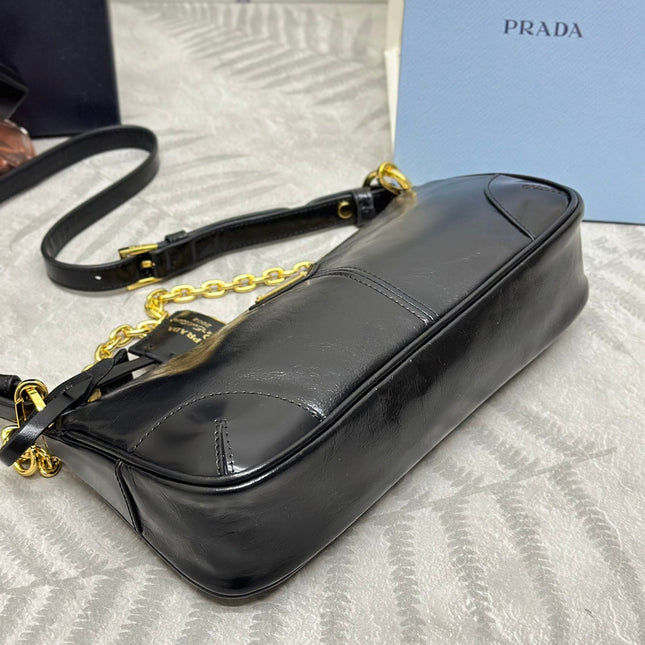 PRADA 26S SHOULDER BAG 11.5 IN BLACK CALFSKIN GOLD HARDWARE