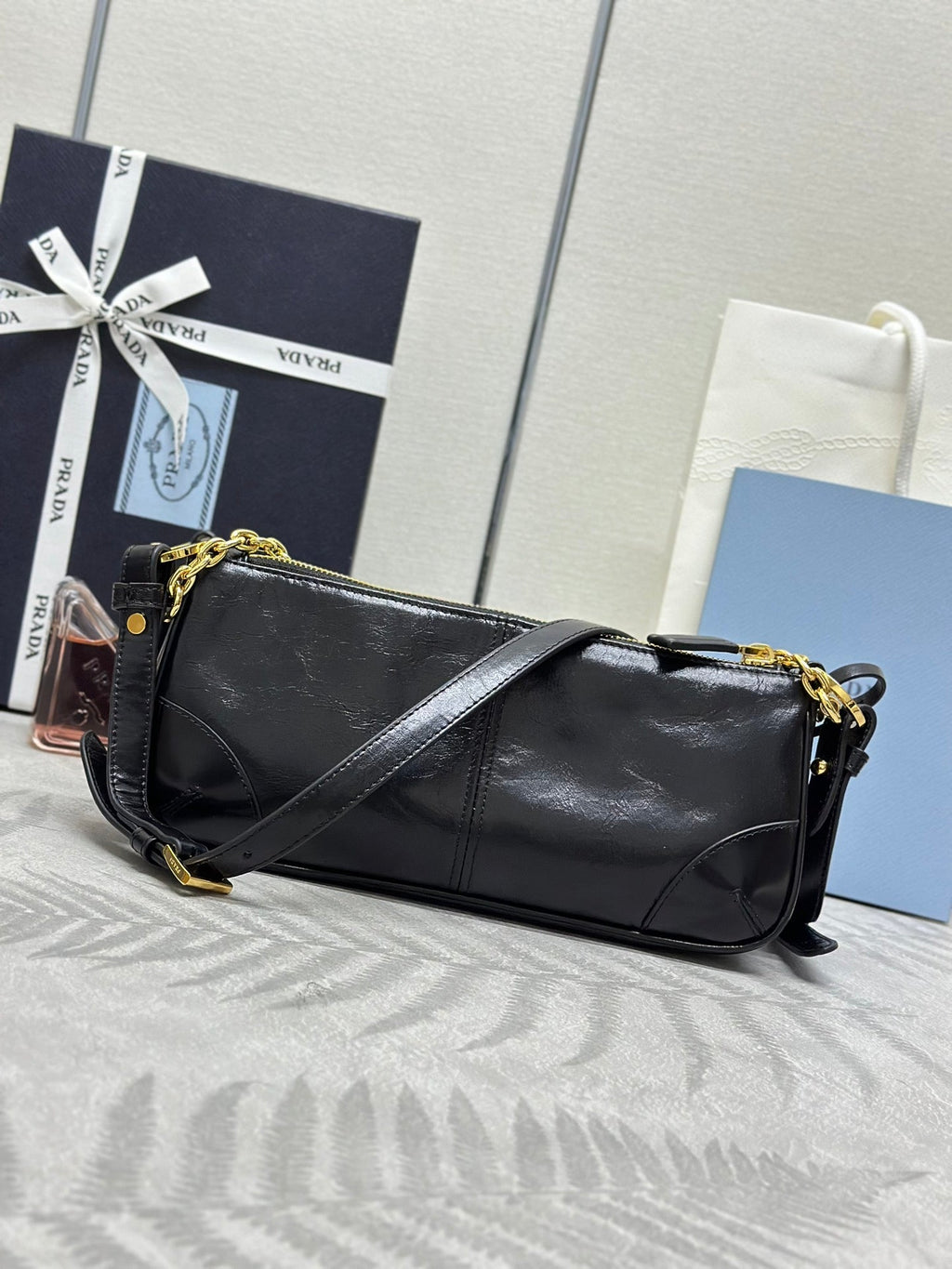PRADA 26S SHOULDER BAG 11.5 IN BLACK CALFSKIN GOLD HARDWARE