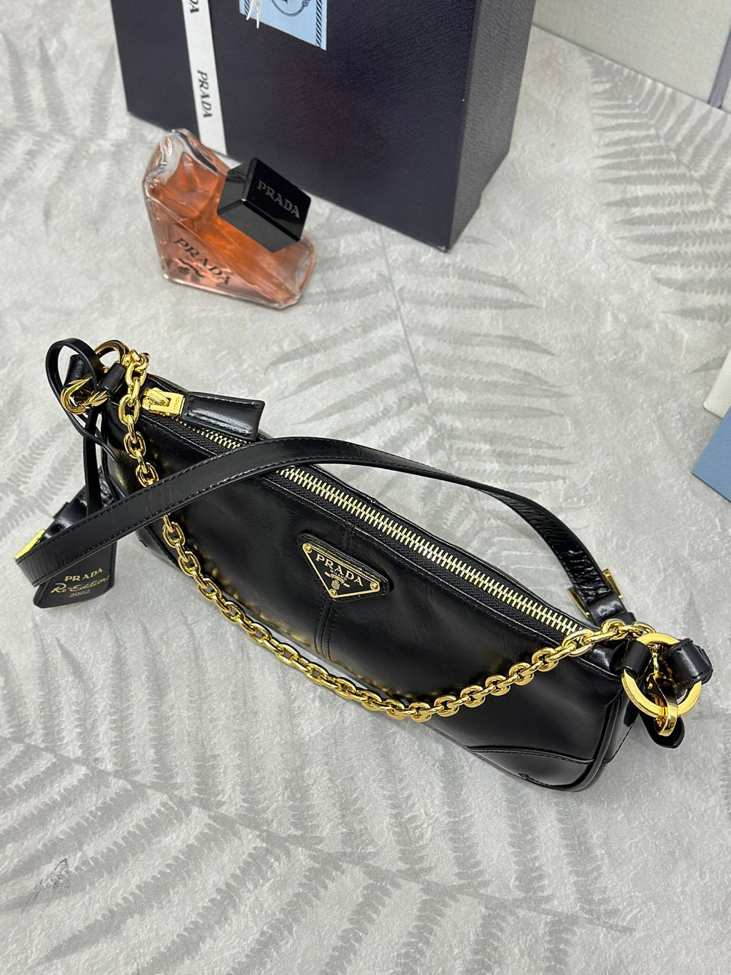 PRADA 26S SHOULDER BAG 11.5 IN BLACK CALFSKIN GOLD HARDWARE