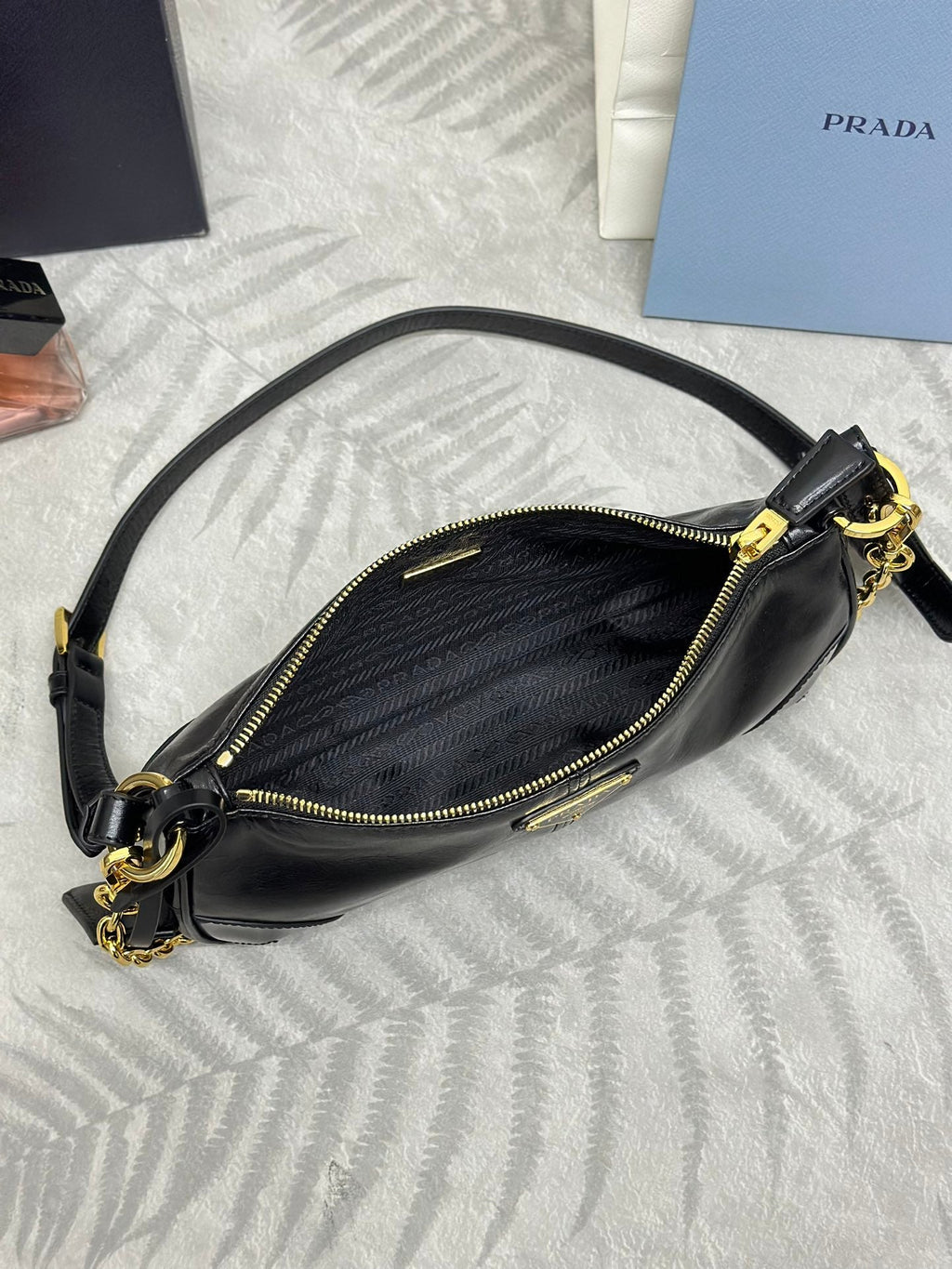 PRADA 26S SHOULDER BAG 11.5 IN BLACK CALFSKIN GOLD HARDWARE