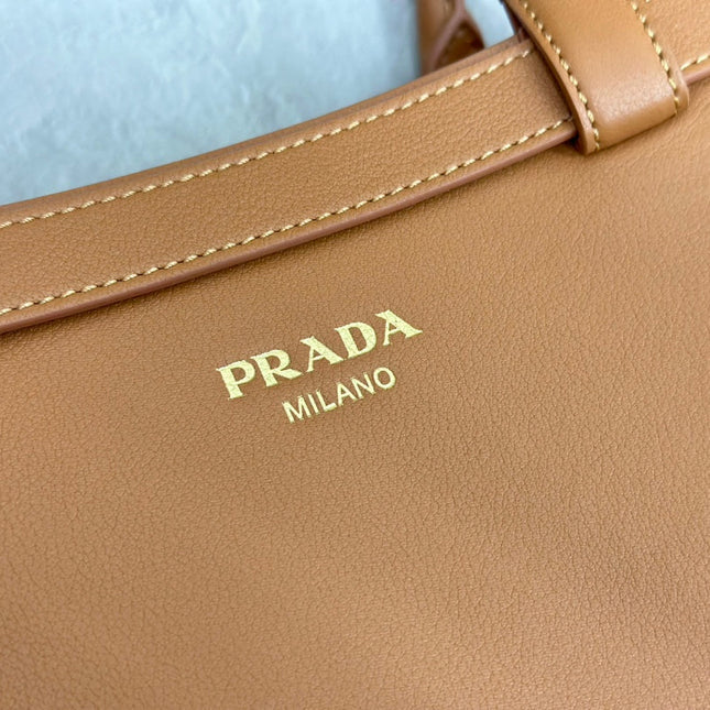PRADA 25S BUCKLE MEDIUM HANDBAG 35 IN DARK CARAMEL CALFSKIN GOLD HARDWARE