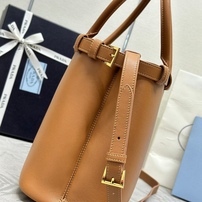 PRADA 25S BUCKLE MEDIUM HANDBAG 35 IN DARK CARAMEL CALFSKIN GOLD HARDWARE