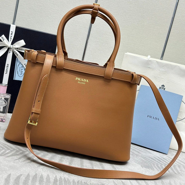 PRADA 25S BUCKLE MEDIUM HANDBAG 35 IN DARK CARAMEL CALFSKIN GOLD HARDWARE