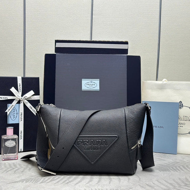 PRADA 25S SHOULDER STRAP BAG 26 IN BLACK CALFSKIN SILVER HARDWARE