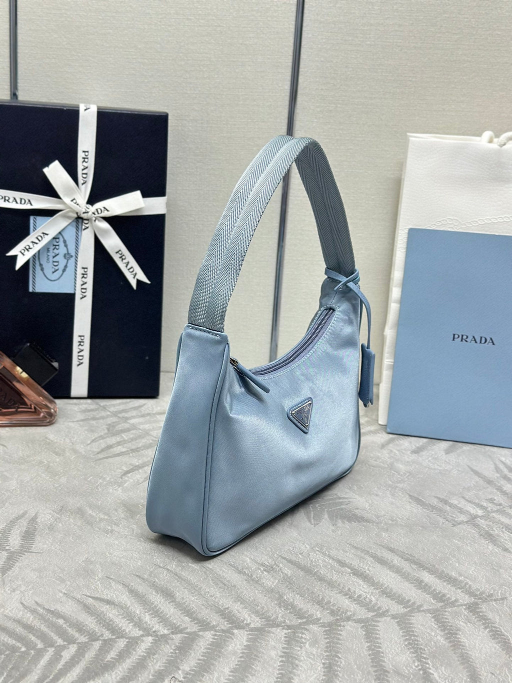 PRADA 26S SHOULDER BAG 23 IN LIGHT BLUE FABRIC