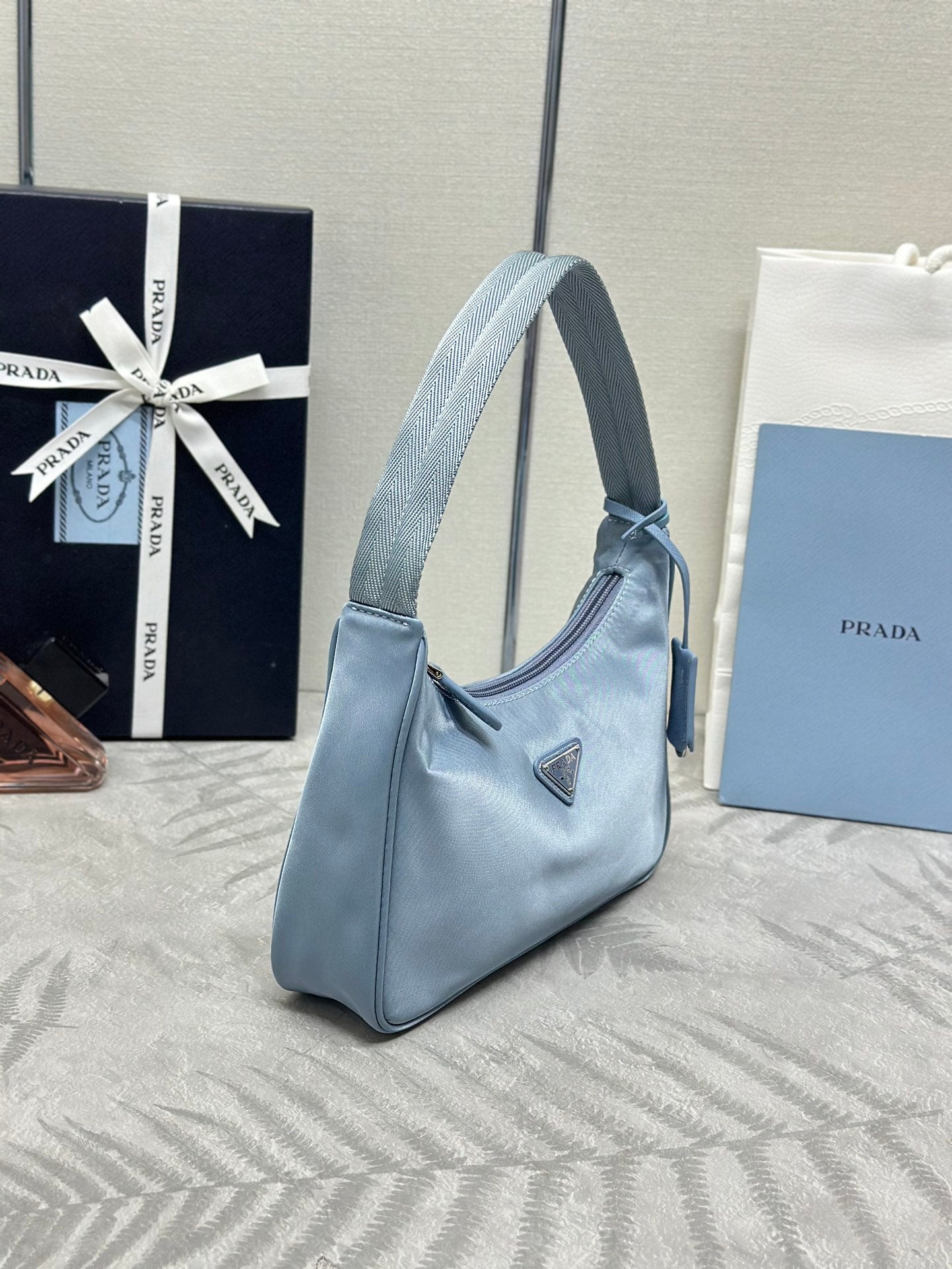 PRADA 26S SHOULDER BAG 23 IN LIGHT BLUE FABRIC