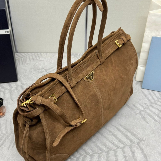 TOTE BAG WITH BELT 42 IN RUSSET BROWN SUEDE GOLD HARDWARE