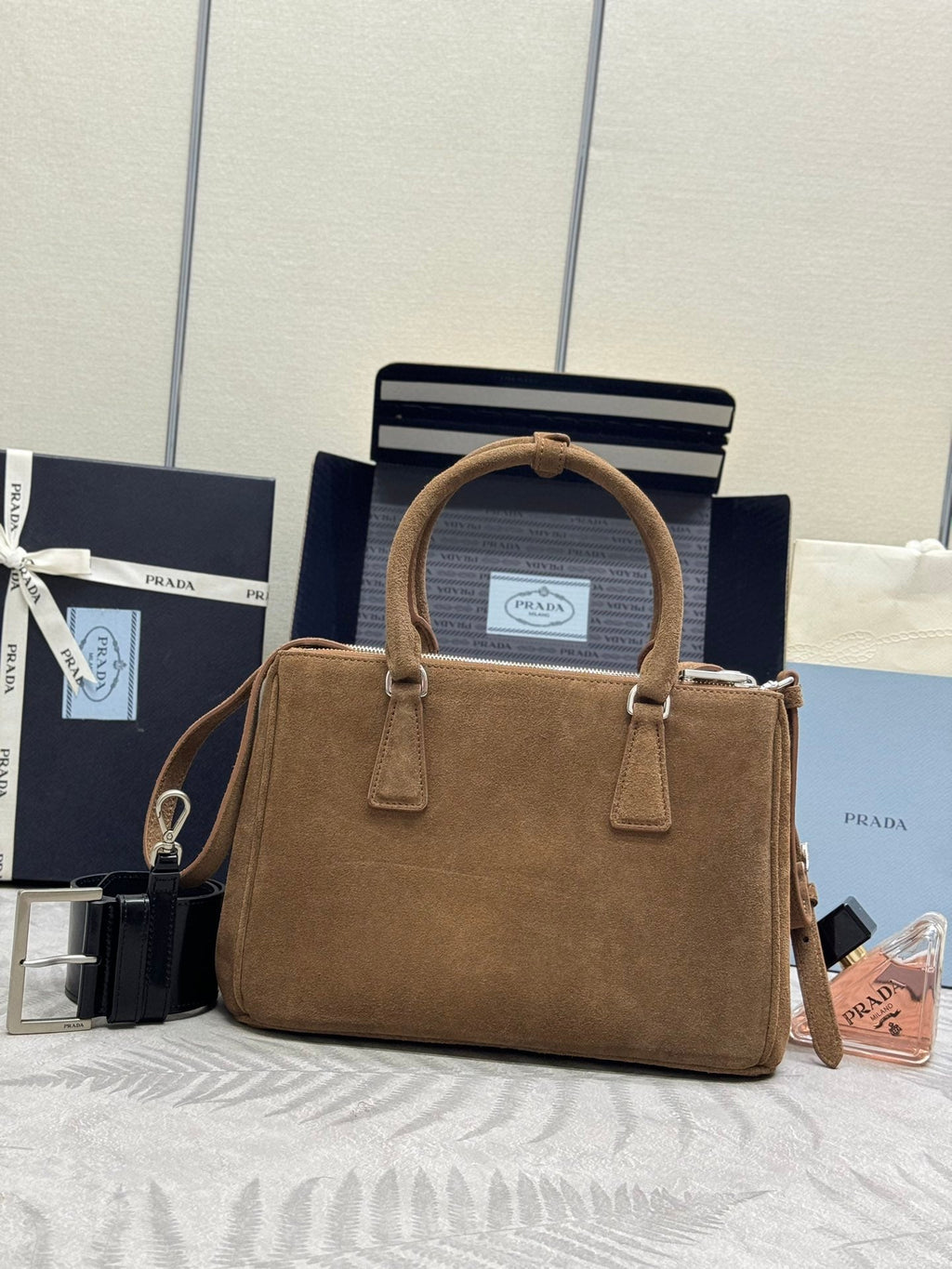 PRADA 26S HANDBAG 28 IN TAUPE SUEDE